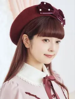 青木美沙子 しまむら コラボ パール付きリボンベレー帽 ベロア 濃赤