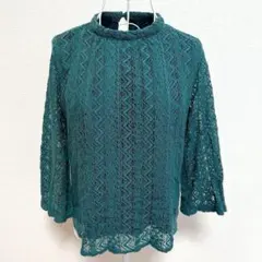 グリーンの七分袖トップス　総レース　ハイネック　秋　レディース　カットソー　M