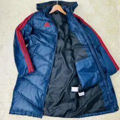 アディダス ベンチコート XL相当 ロング丈 ダウン 三本線 ネイビー 高機能