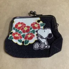 スヌーピー　がま口 財布　コインケース　ちりめん　あずき　椿　和　8cm×8cm