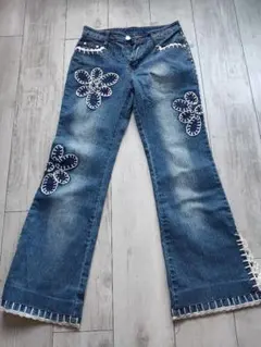 フラワー刺繍 フレアデニム Y2K　森ガール フェアリーグランジ