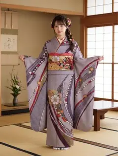 振袖と袋帯のセット　紫　成人式