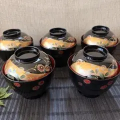 【未使用保管品】会津塗 金彩蒔絵 金帯菊草花 内朱吸物椀 汁椀 5客のサムネイル