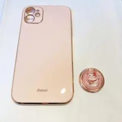 iPhone 11 スマホケース ピンク 保護カバー 招き猫 リング 付き