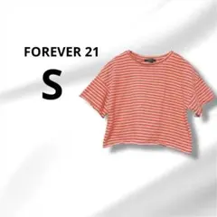 FOREVER 21 ストライプ 半袖Tシャツ S ダメージ加工 サーモンピンク