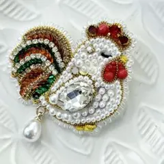 ビーズ刺繍ブローチ♡コケッコー♡ハンドメイド