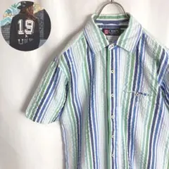 古着チャップス ラルフローレン シアサッカー 半袖シャツ ストライプ柄 刺繍ロゴ