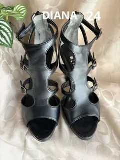 DIANA ダイアナ ブラックレザー オープントゥカットサンダル 24cm 黒