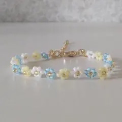 ビーズブレスレット 花 ライトブルー×イエロー×ホワイト フラワー 水色 黄色