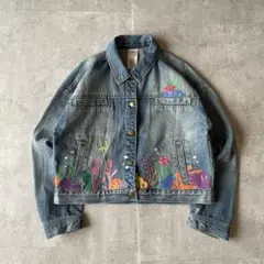 【美品】リトルマーメイド Disney デニムジャケット 刺繍 プリント 短丈