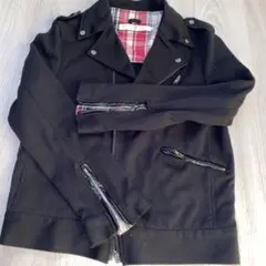 黒 ライダースジャケット 部分的にチェック柄