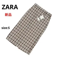 【新品】ZARA　チェック柄　タイト　ロングスカート　ブラウン　パープル　S
