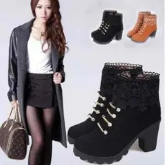 【限定商品！】 レディース　ショートブーツ　美脚　レース　刺繍　太ヒール　秋冬