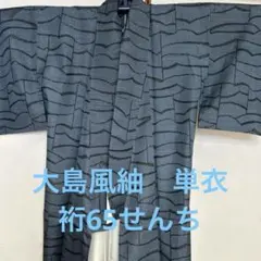 紺系 波模様 紬 着物　単衣