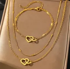 【２セット】 残１ ハートネックレスとブレスレット サージカルステンレス 金アレ