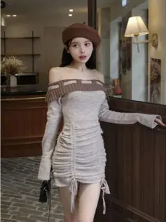 darich ダーリッチ　オフショルステッチニットミニワンピース