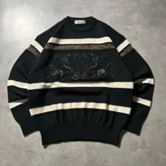 ヴィンテージ ブラック ボーダー 刺繍 ロゴ レトロ デザイン ニット セーター