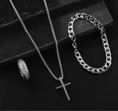 新品未使用　シルバーネックレス　リング　ブレスレット　メンズ　クロス　シンプル