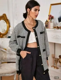 SHEIN ツイードニットカーディガン ジャケット ブラック ホワイト