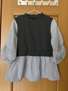 ギンガムチェック　トップス　ブラック　五分袖　M