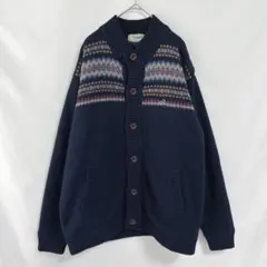 【クロコダイル】ノルディック柄ニットカーディガン（LL）ネイビー ウール混 長袖