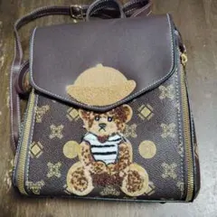 クマ刺繍付きブラウンショルダーバッグリュック