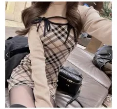 チェック柄リボン付き長袖ミニワンピース