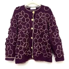 レトロ】花柄立体刺繍 総柄ニットカーディガン　高級素材モヘア 60％使用