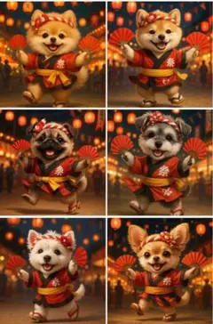 にゃん福屋　パネル生地　祭りの踊り子犬 管NA2016