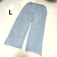 シーイン ワイドデニムパンツ ジーンズ ライトブルー ブーツカット フリンジ