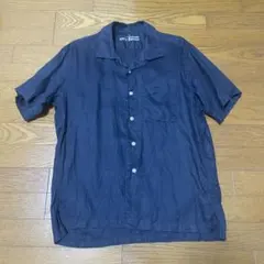 ネイビー リネン100% 半袖シャツ Mサイズ 胸ポケット付き シンプル 夏