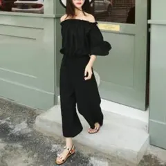 ワイドパンツ オフショル ガウチョ フレアスリ オフショルダー サロペット