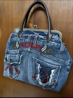 デニムリメイク 大きな がま口バッグ 口金30cm