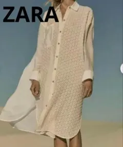 ZARA ザラ　カットワーク刺繍　エンブロイダリーレース　ロングシャツワンピース