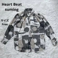 【Heart Beat suming】レトロ幾何学模様 グレー系 長袖ブラウス