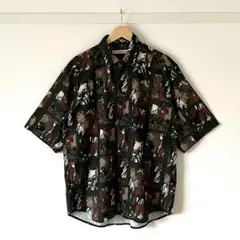 【美品】ナノユニバース グラフィック半袖シャツ 深緑 L メンズ 総柄 モード系
