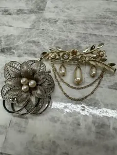 ゴールドとシルバー花と葉デザインブローチ