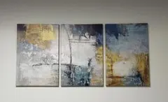 全体美品　3点セット　ブルーグリーンの絵画とゴールドの北欧モダンポスター 全体美品 3点セット ブルーグリーンの絵画とゴールドの北欧モダン