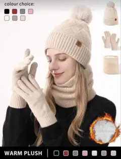 ベージュ ニット帽 手袋 ネックウォーマーセット