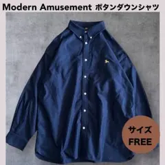 ★モダンアミューズメント ボタンダウンシャツ ネイビー 刺繍ロゴ FREEサイズのサムネイル