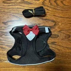 XLサイズ ブラック 赤いリボン付きメッシュハーネス　リードセット