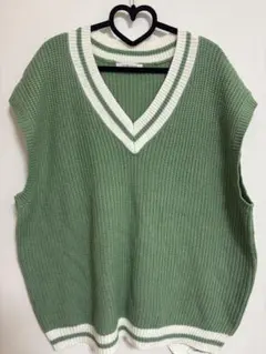 Vネックニットベスト グリーン 韓国ファッション カジュアル