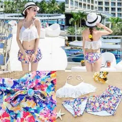 フレアレース フリル バンドゥビキニ 花柄M体型カバー３点SET