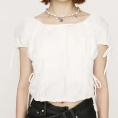 スライ★ギャザーリボンブラウス　半袖　オフショルダー　ホワイト　スクエアネック