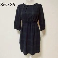 【人気】 アナトリエ ダークグリーン系 チェック 膝丈 長袖 ワンピース 36