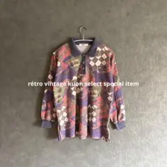 昭和レトロ総柄ニット　ハーフボタン　ヴィンテージニット　秋冬コーデ　レトロ　派手