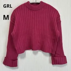 GRL M リブニット トップス 長袖 ピンク クルーネック ショート丈