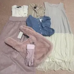 レディース服まとめ売りスカートワンピースニットトップスファーバッグ手袋7点セット