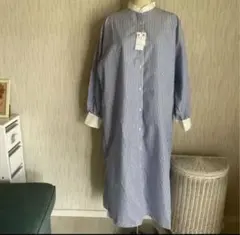 コーエン　バンドカラー　ストライプ柄シャツワンピース ブルー　Ｍ