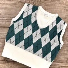 アーガイル柄 ベスト ニット Vネック クロップド丈 ショート丈 グリーン 韓国